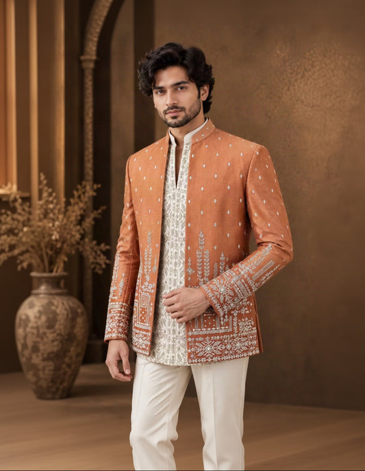 Rust Peach Embroidered Indo Western Sherwani Bandhgala Jacket with Ivory Kurta