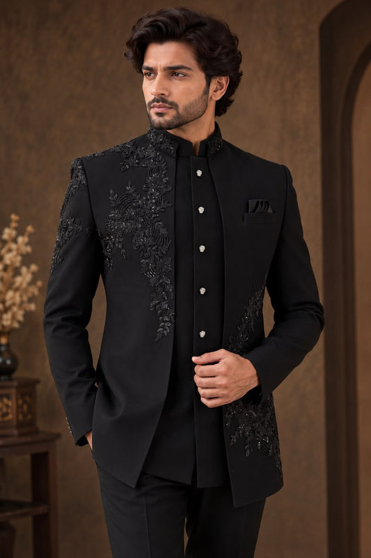 Black Embroidered Indo Western Sherwani Bandhgala Jacket with Tonal Floral Work
