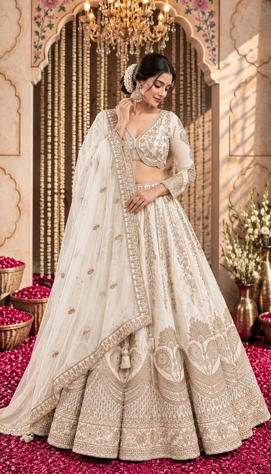 Ivory Bridal Lehenga Choli with Antique Gold Floral Embroidery and Dupatta