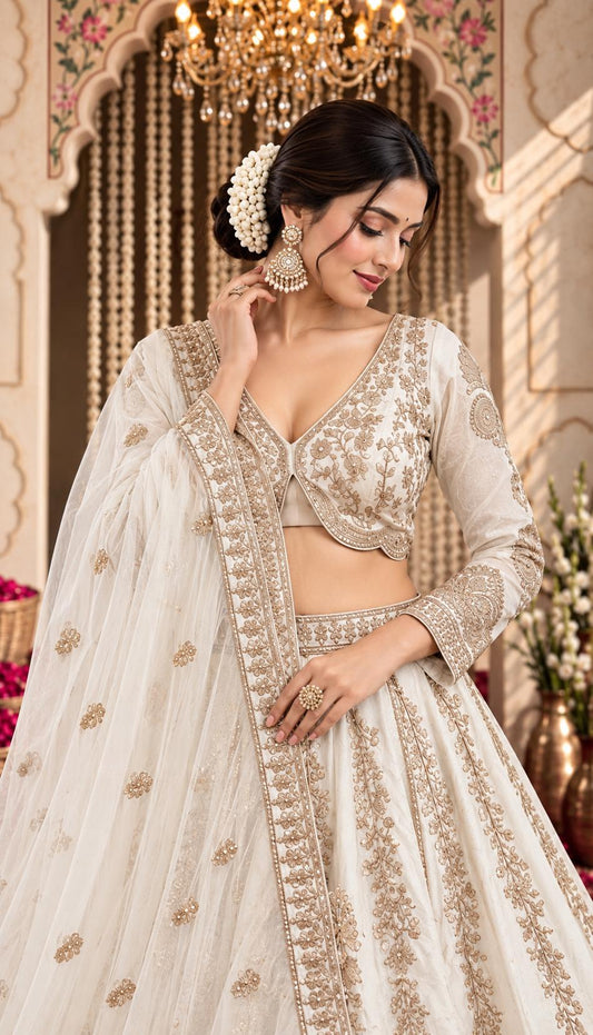 Ivory Bridal Lehenga Choli with Antique Gold Floral Embroidery and Dupatta