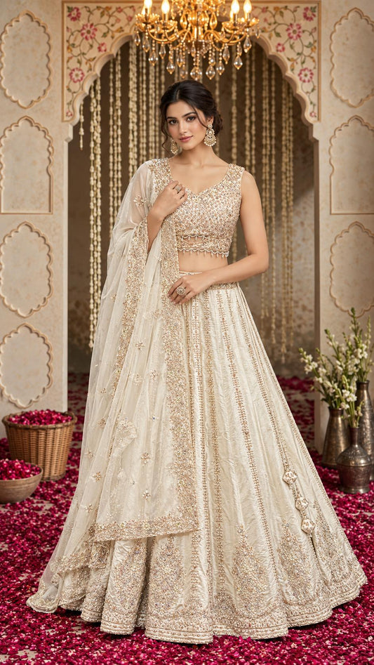 Ivory Embroidered Lehenga Choli with Rose Gold Floral Work and Sheer Dupatta