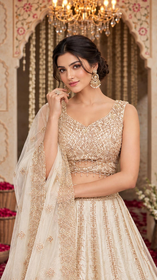 Ivory Embroidered Lehenga Choli with Rose Gold Floral Work and Sheer Dupatta
