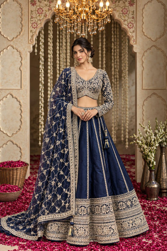Navy Blue Floral Embroidered Lehenga Choli with Gold Work and Matching Dupatta