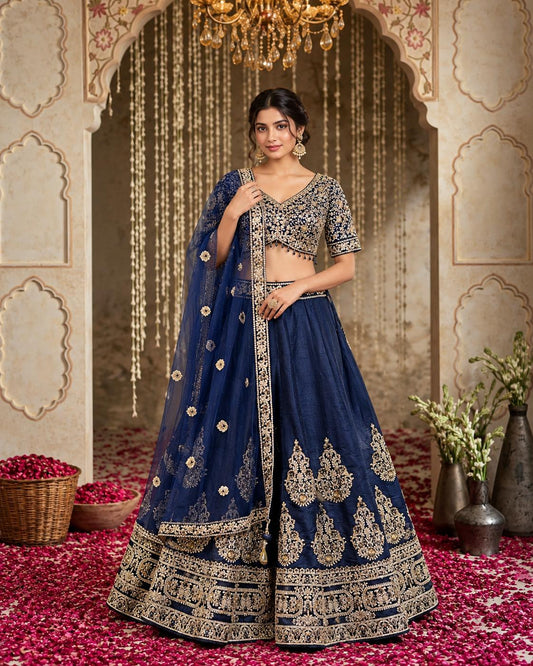 Navy Blue Embroidered Lehenga Choli with Gold Floral Work and Sheer Dupatta