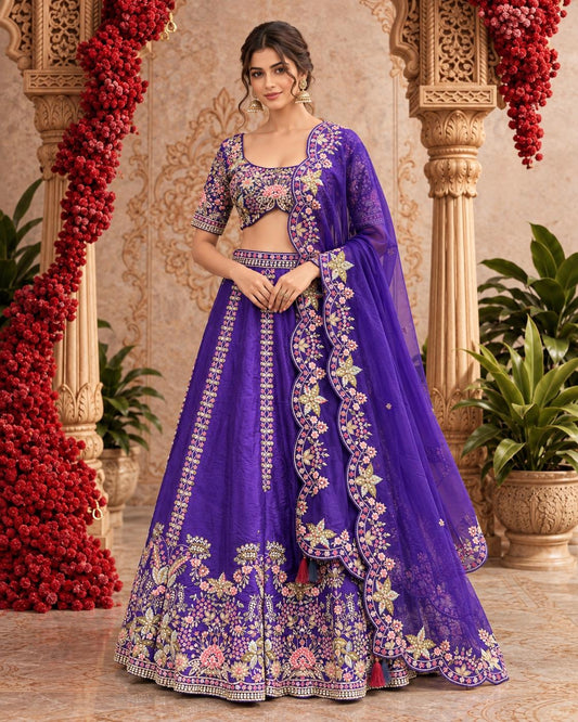 Royal Purple Floral Embroidered Lehenga Choli with Matching Dupatta