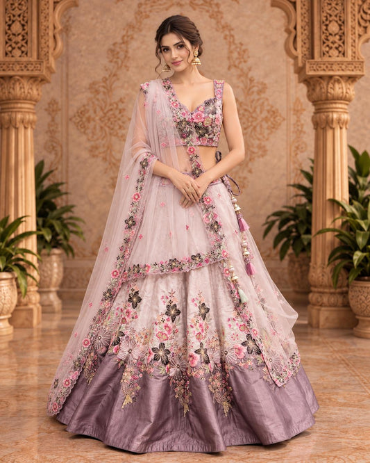 Blush Pink and Mauve Floral Embroidered Lehenga Choli with Sheer Dupatta