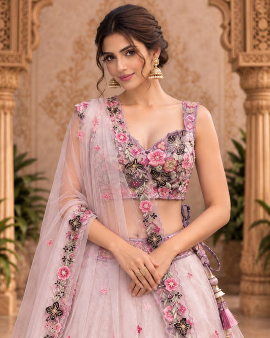 Blush Pink and Mauve Floral Embroidered Lehenga Choli with Sheer Dupatta