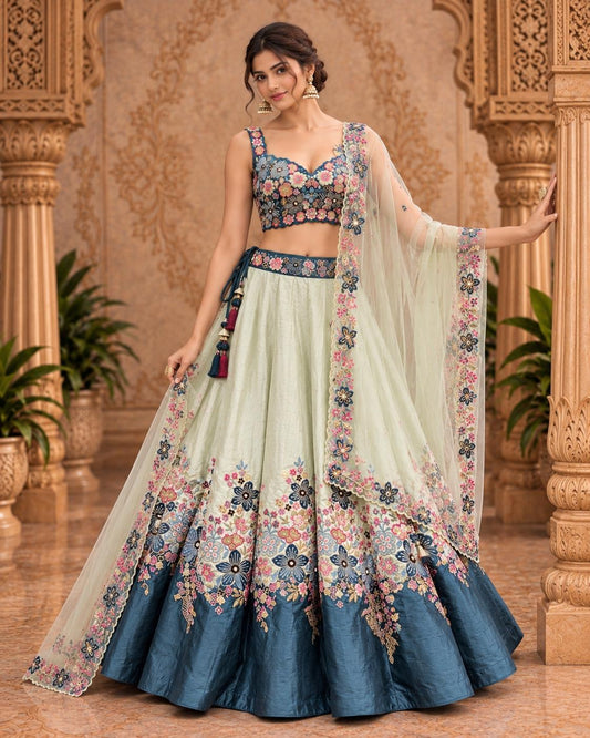 Mint Green and Teal Blue Floral Embroidered Lehenga Choli with Sheer Dupatta