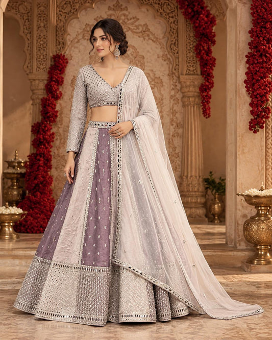 Mauve and Ivory Embroidered Lehenga Choli with Mirror Work and Sheer Dupatta