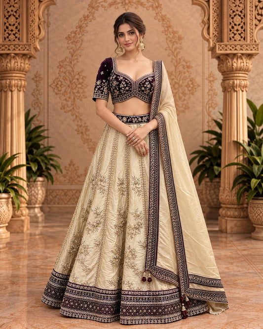 Champagne Gold and Deep Maroon Embroidered Lehenga Choli with Matching Dupatta
