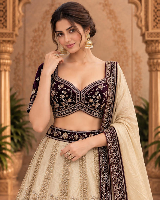 Champagne Gold and Deep Maroon Embroidered Lehenga Choli with Matching Dupatta