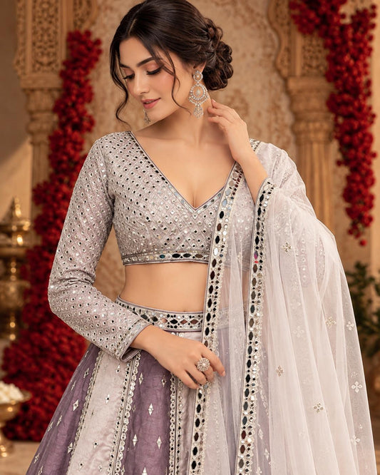 Mauve and Ivory Embroidered Lehenga Choli with Mirror Work and Sheer Dupatta