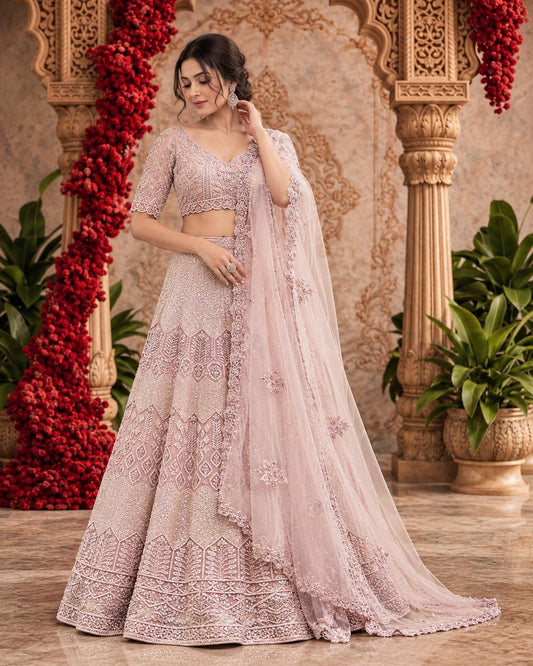 Blush Pink Embroidered Lehenga Choli with Geometric Threadwork and Sheer Dupatta