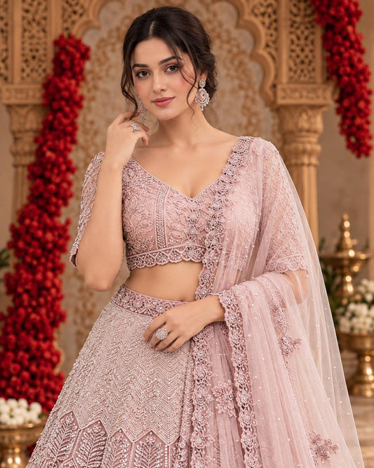 Blush Pink Embroidered Lehenga Choli with Geometric Threadwork and Sheer Dupatta
