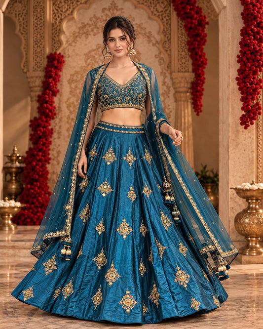 Teal Blue Embroidered Lehenga Choli with Antique Gold Motifs and Matching Dupatta