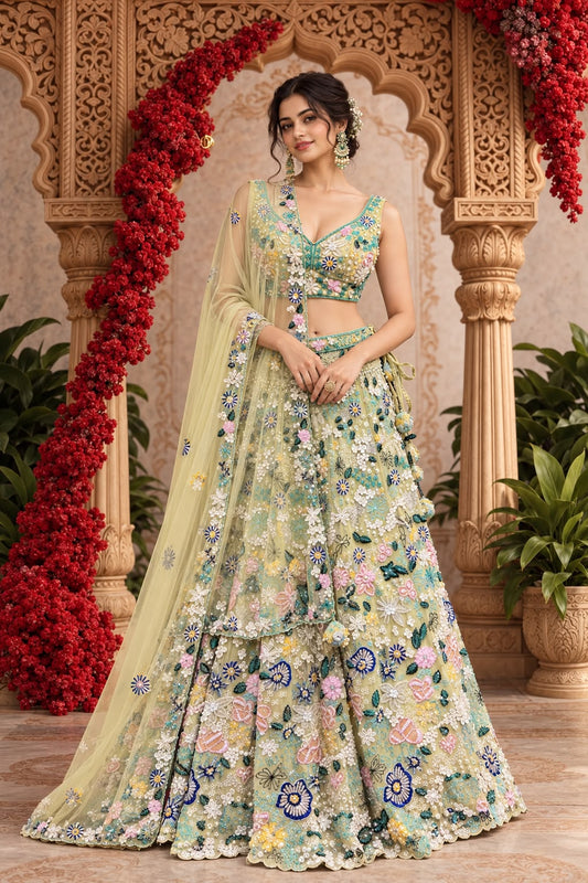 Pastel Yellow Floral Embroidered Lehenga Choli with Layered Skirt and Sheer Dupatta