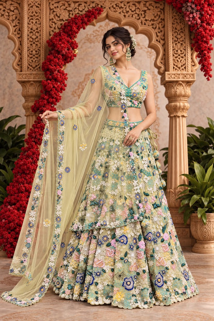 Pastel Yellow Floral Embroidered Lehenga Choli with Layered Skirt and Sheer Dupatta