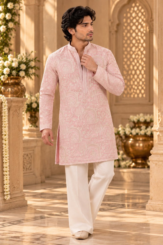 Pastel Pink Printed Embroidered Mid Long Kurta with Mandarin Collar