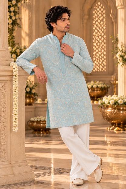 Pastel Blue Men's Kurta Set with Intricate Ivory Traditional Pattern