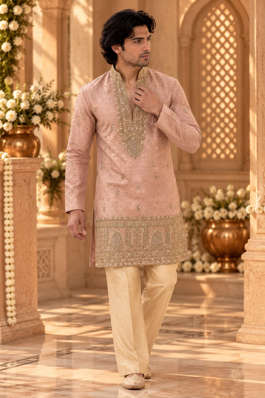 Dusty Pink Men's Embroidered Kurta Set with Antique Gold Zari Work