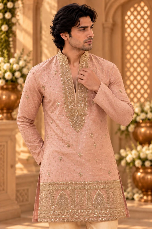Dusty Pink Men's Embroidered Kurta Set with Antique Gold Zari Work