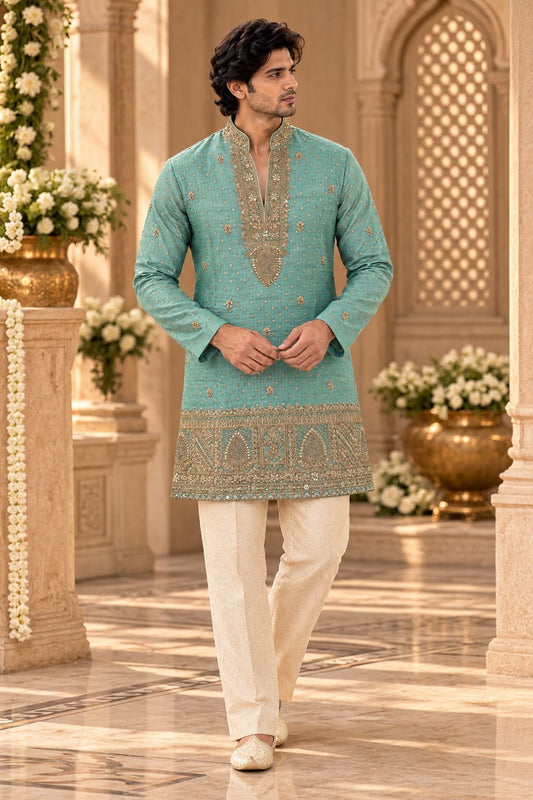 Teal Green Men's Embroidered Kurta Set with Antique Gold Zari Work