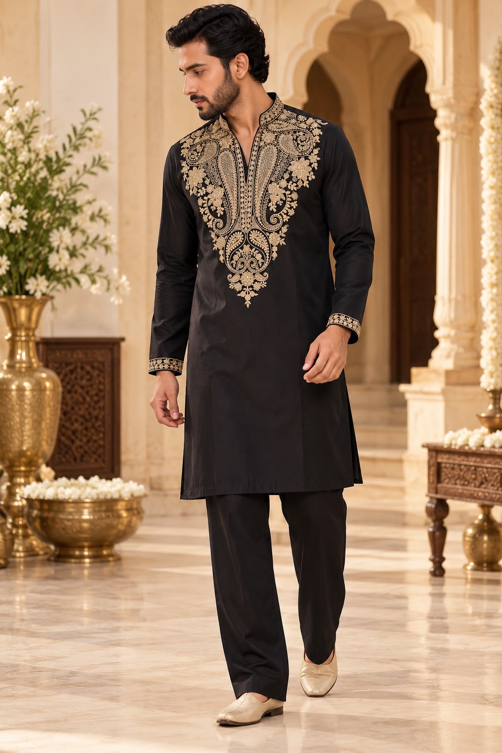 Black Men's Embroidered Kurta Set with Antique Gold Paisley Work