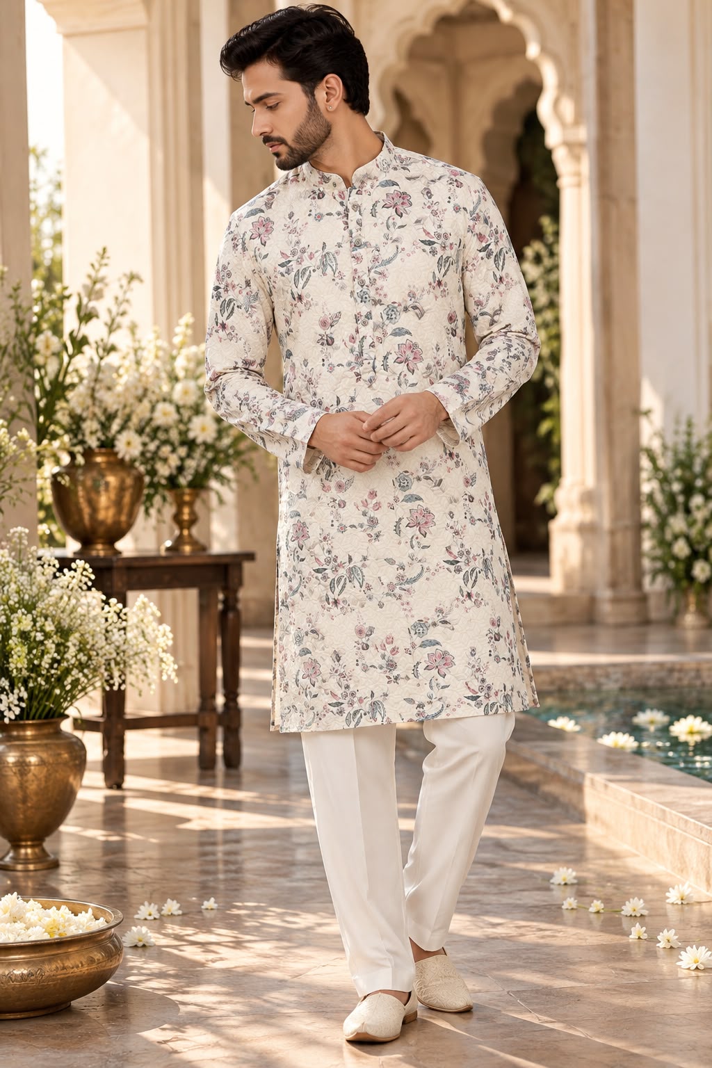 Ivory White Men's Floral Printed Kurta Set with Multicolour Botanical Design