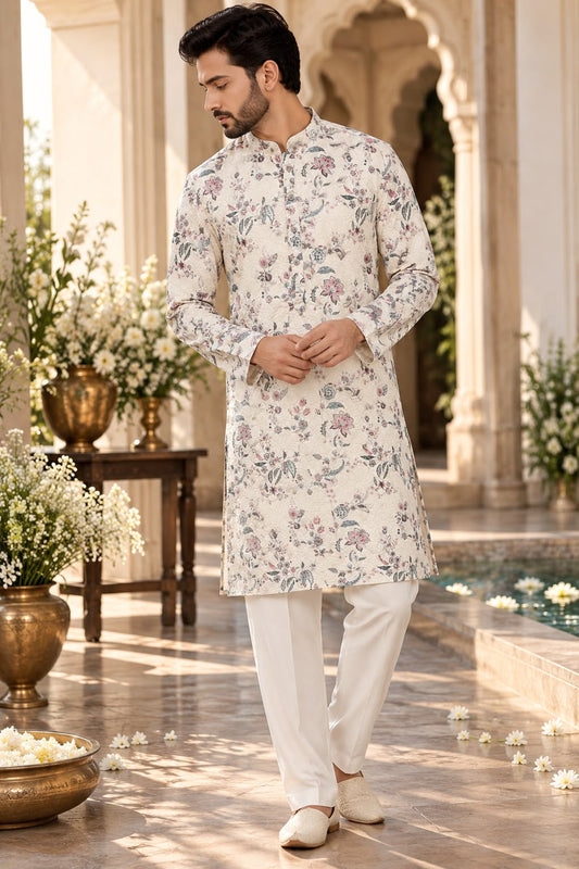 Ivory White Men's Floral Printed Kurta Set with Multicolour Botanical Design