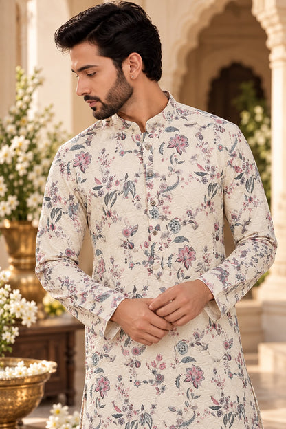 Ivory White Men's Floral Printed Kurta Set with Multicolour Botanical Design
