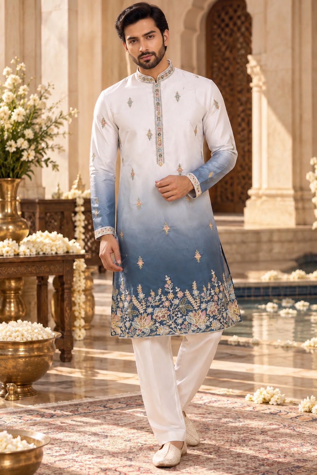 White and Steel Blue Men's Ombre Embroidered Kurta Set with Floral Border Work