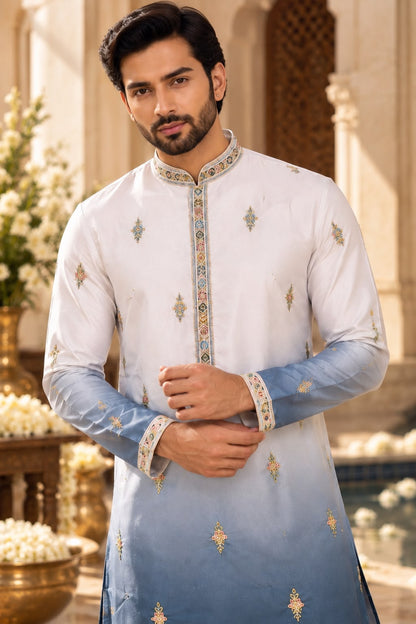 White and Steel Blue Men's Ombre Embroidered Kurta Set with Floral Border Work
