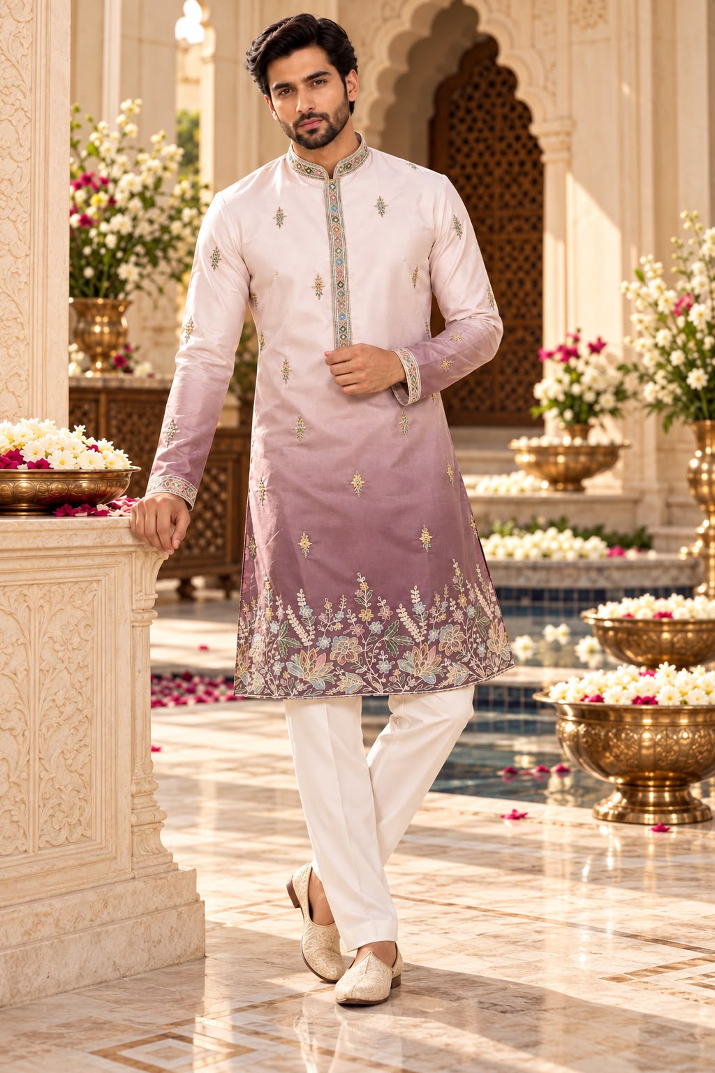 Blush Pink and Mauve Men's Ombre Kurta Set with Multicolour Floral Embroidery