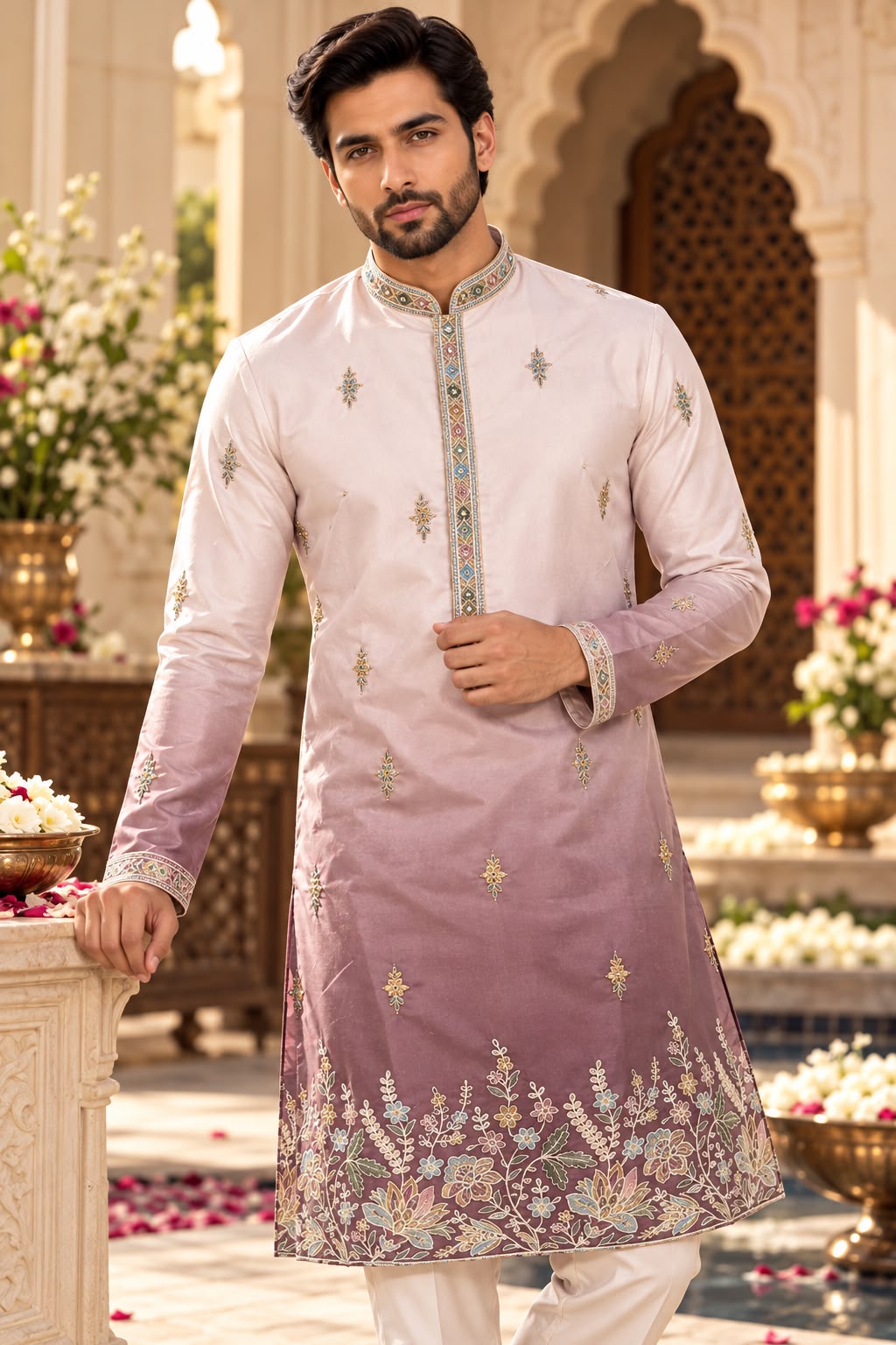 Blush Pink and Mauve Men's Ombre Kurta Set with Multicolour Floral Embroidery