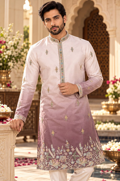 Blush Pink and Mauve Men's Ombre Kurta Set with Multicolour Floral Embroidery