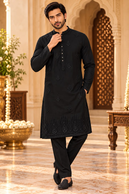 Black Men's Kurta Set with Tonal Embroidery and Ornamental Hem Design