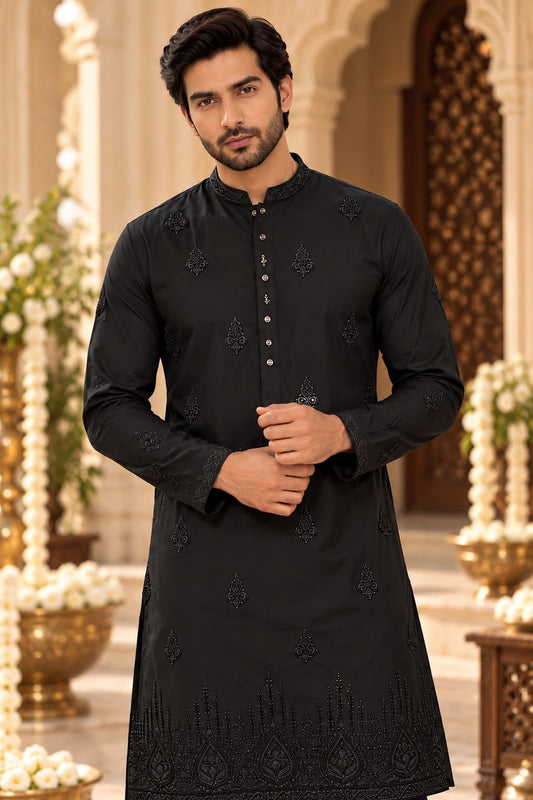 Black Men's Kurta Set with Tonal Embroidery and Ornamental Hem Design