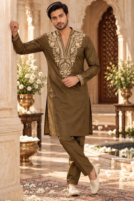 Olive Brown Men's Kurta Set with Gold Floral Embroidery and Ornamental Neck Design