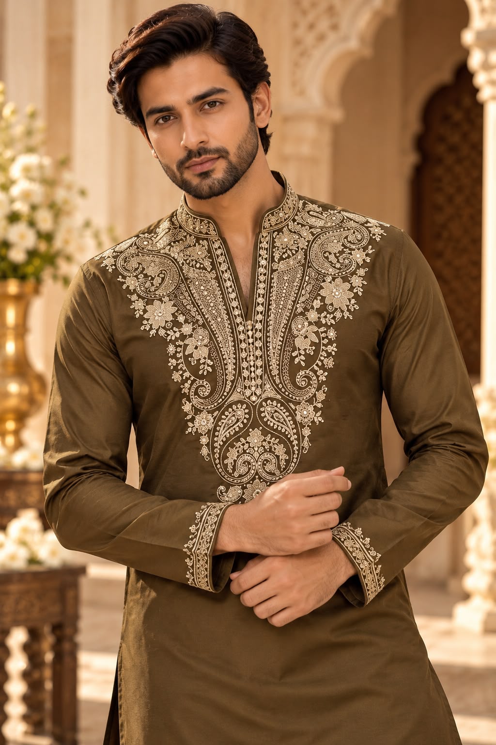 Olive Brown Men's Kurta Set with Gold Floral Embroidery and Ornamental Neck Design