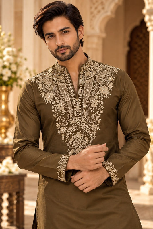 Olive Brown Men's Kurta Set with Gold Floral Embroidery and Ornamental Neck Design