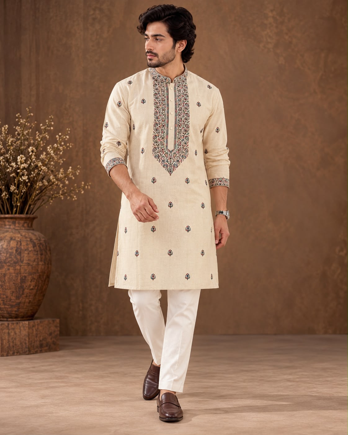 Ivory Cream Men's Kurta Set with Multicolour Floral Embroidery and Ornate Neck Design