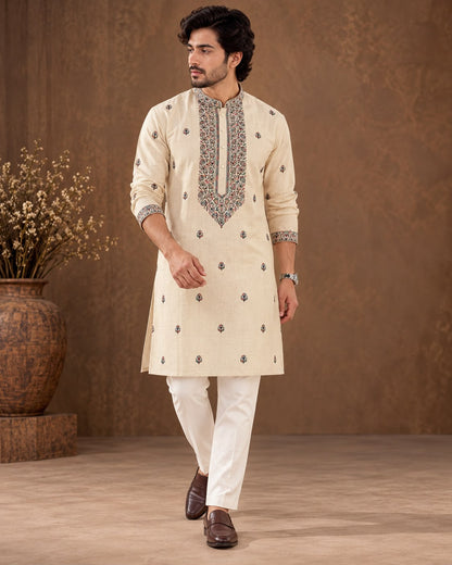 Ivory Cream Men's Kurta Set with Multicolour Floral Embroidery and Ornate Neck Design