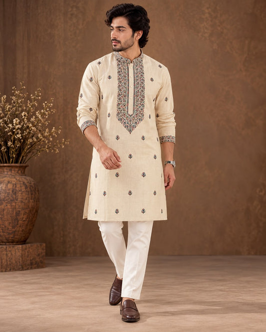 Ivory Cream Men's Kurta Set with Multicolour Floral Embroidery and Ornate Neck Design
