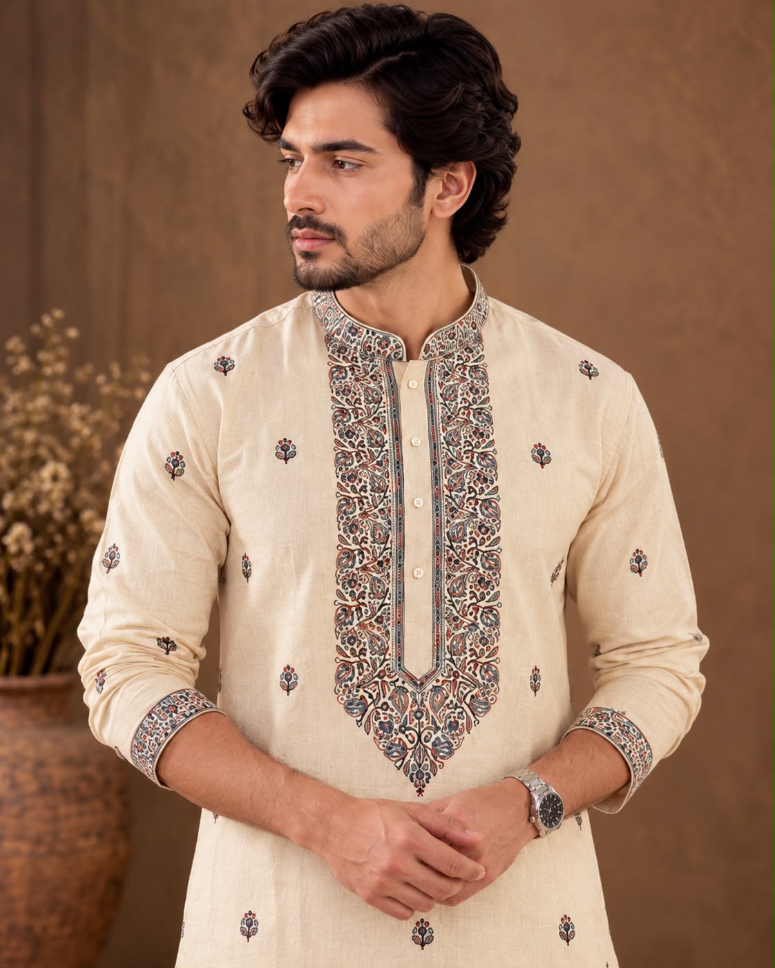 Ivory Cream Men's Kurta Set with Multicolour Floral Embroidery and Ornate Neck Design