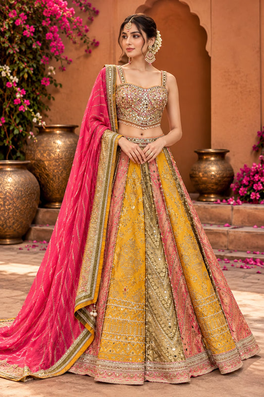 Mustard Yellow Multicolour Bridal Lehenga Choli with Antique Gold Mirror Work and Rani Pink Dupatta