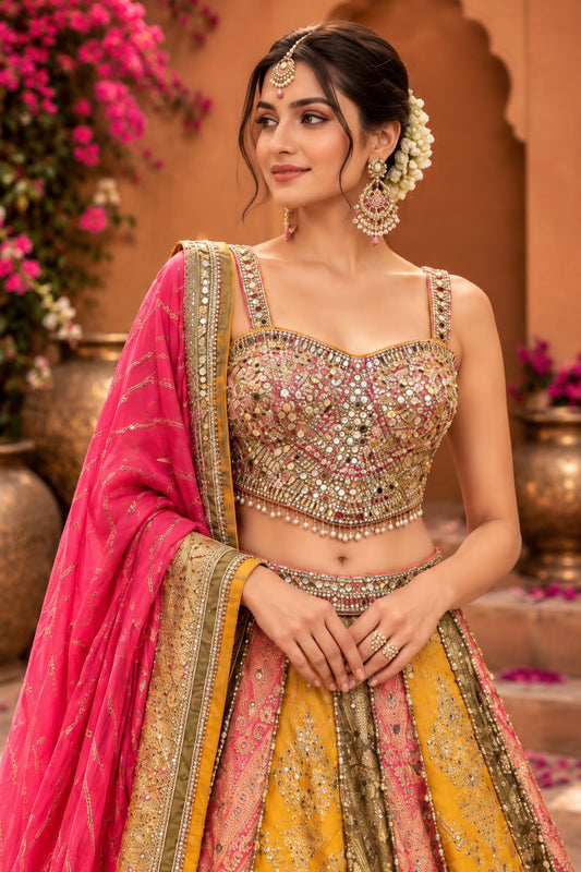 Mustard Yellow Multicolour Bridal Lehenga Choli with Antique Gold Mirror Work and Rani Pink Dupatta