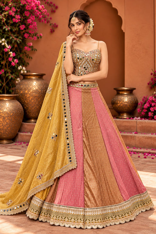 Mustard Yellow and Dusty Pink Bridal Lehenga Choli with Mirror Work and Embroidered Dupatta