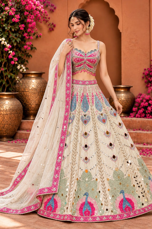 Ivory White Bridal Lehenga Choli with Pink Peacock Embroidery, Mirror Work and Embellished Dupatta