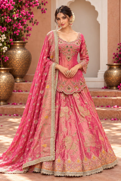 Rani Pink Bridal Lehenga Choli Set with Antique Gold Embroidery and Embellished Dupatta