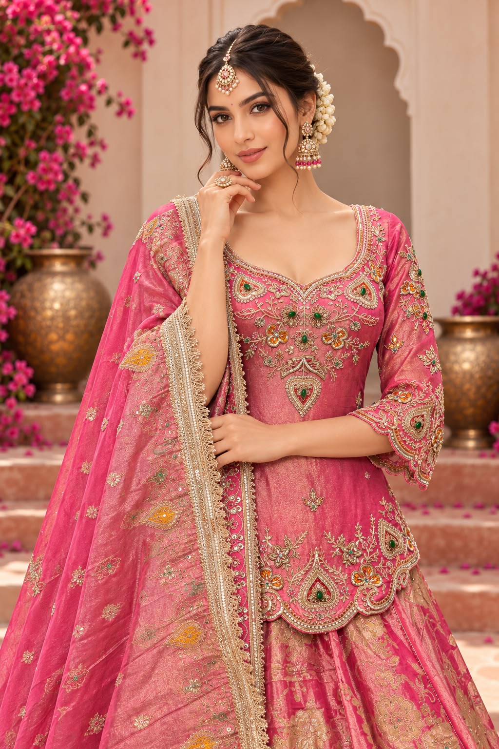 Rani Pink Bridal Lehenga Choli Set with Antique Gold Embroidery and Embellished Dupatta